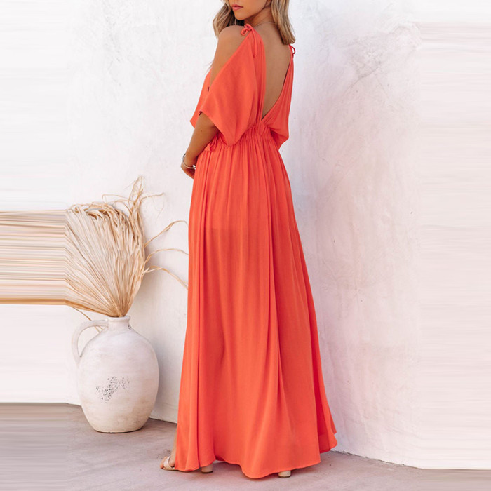 Sexy V Neck Off Shoulder Sleeve Elegant Solid Color Slit Casual Backless Party Maxi Dress