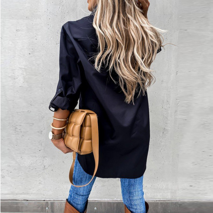 Fashion Casual Long Sleeve Pocket Lapel Elegant Retro Loose Irregular Blouses