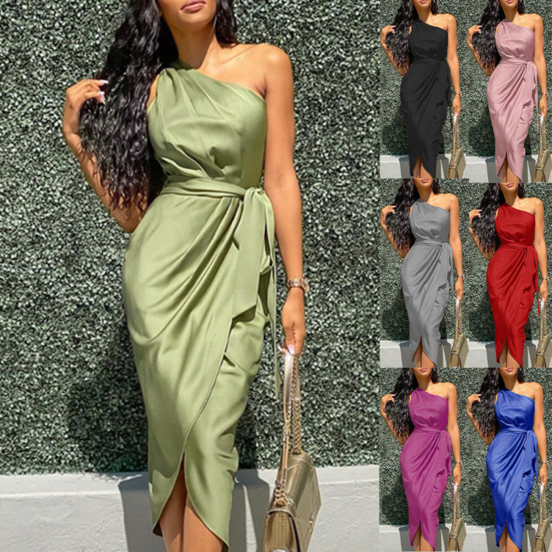 Solid Color Fashion Skinny Irregular Slim Satin Sexy  Midi Dress