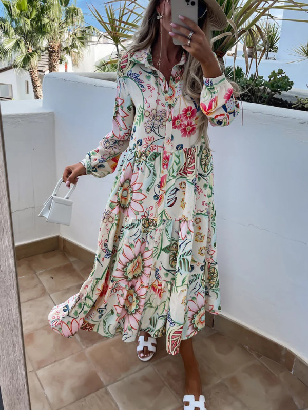 Long Sleeve Floral Print Loose Party Blouse Dresses