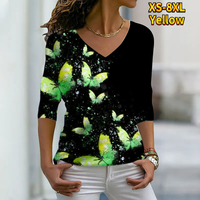 Women's  V-neck Butterfly Print Long Sleeve Loose Size T-shirt