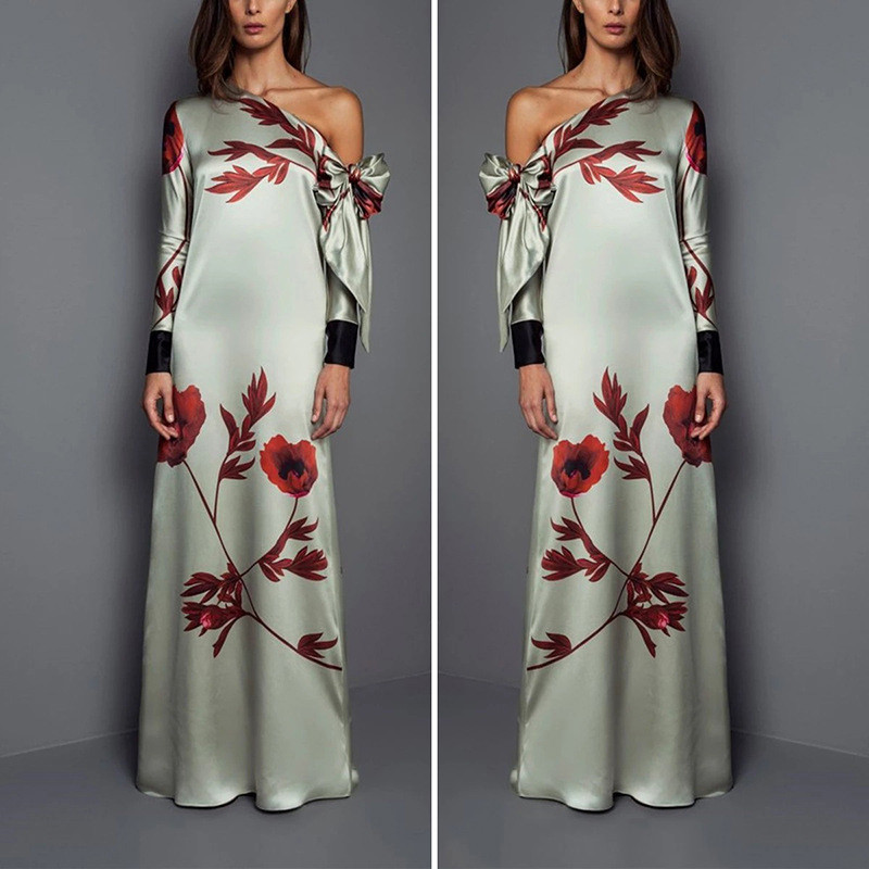 Fashion Floral Print Straight Off Shoulder Bow Casual Party Maxi Dress