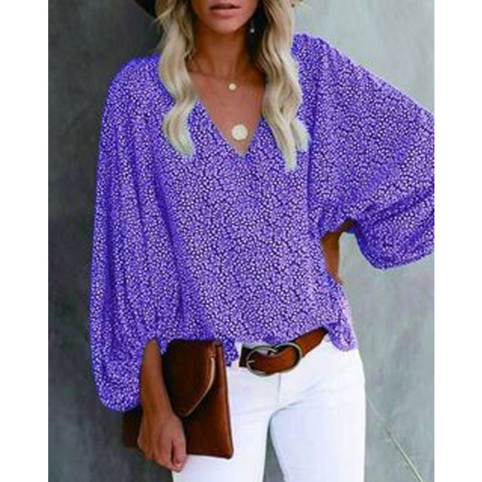 Fashion Floral Print V Neck Balloon Long Sleeves Casual Top Loose Blouses
