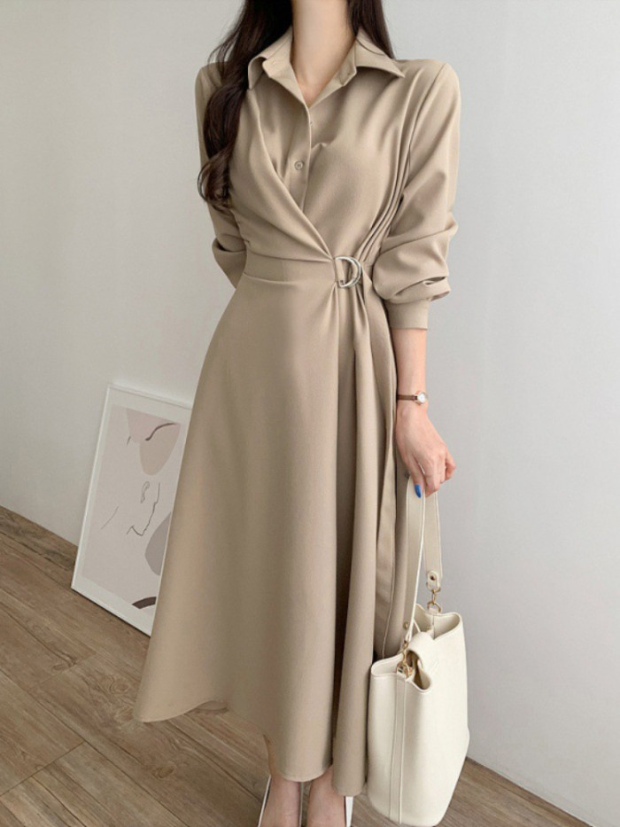 hic A Line Shirt Fashion Button Solid Color Loose Midi Dress