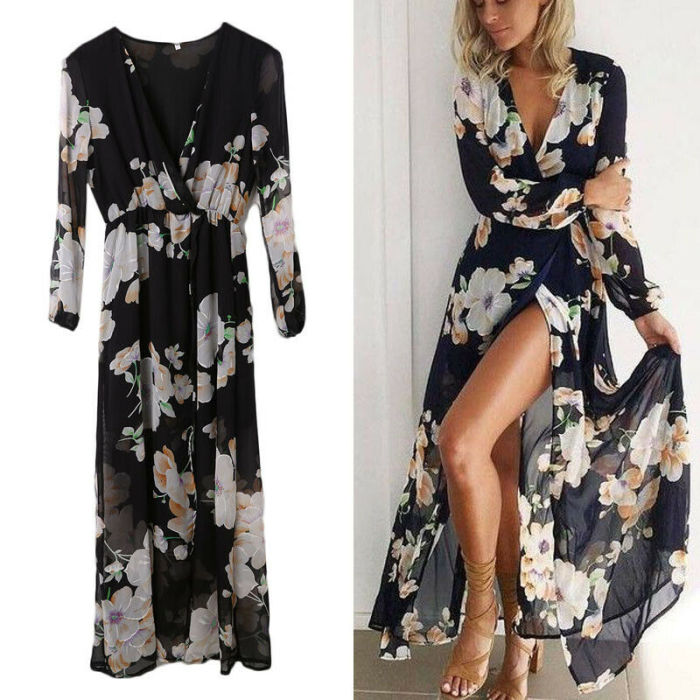 Sexy Bohemian Deep V Neck Vintage Print Maxi Dress