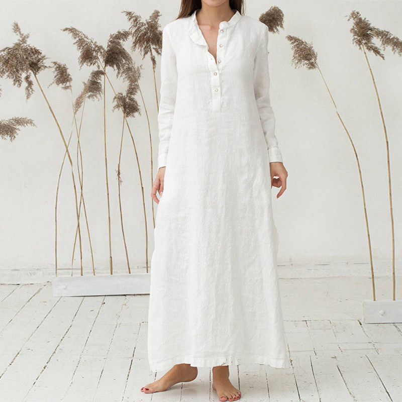 Vintage Loose Dress Elegant Cotton Linen Maxi Shirt Dress