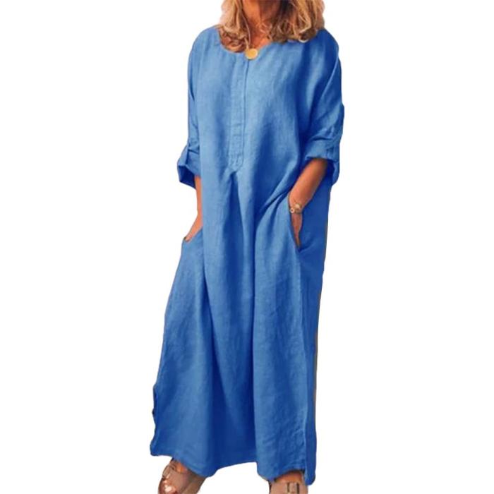 Casual Solid Color Oversize Cotton Linen Shirt Maxi Dress