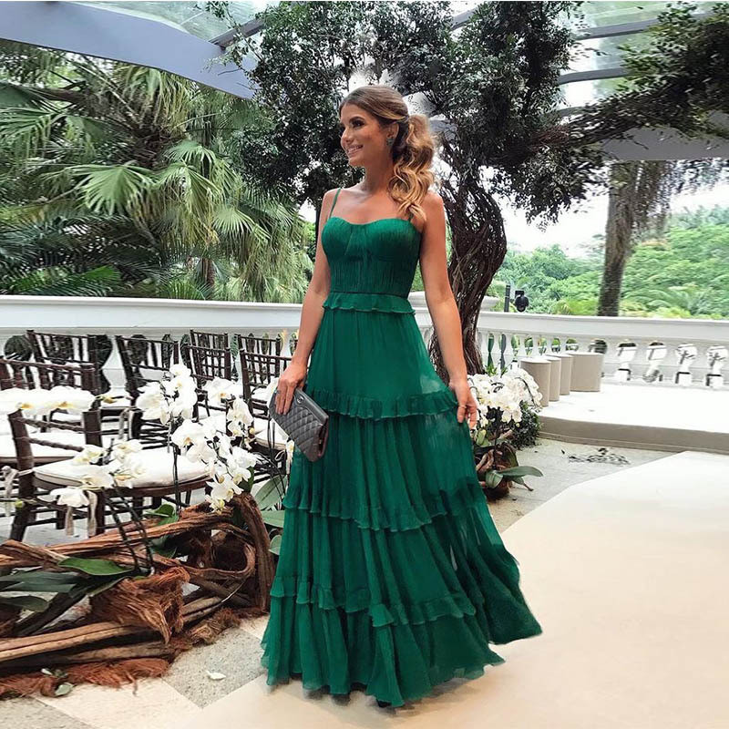 Sexy Sleeveless Layered Ruffle Solid Color Fashion Party Maxi Dress