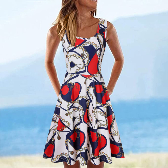 Heart Print Fashion Sleeveless U Neck A Line Loose Casual Dress