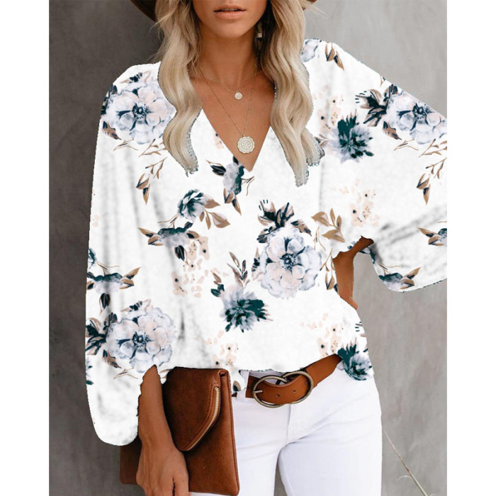 Fashion Floral Print V Neck Balloon Long Sleeves Casual Top Loose Blouses