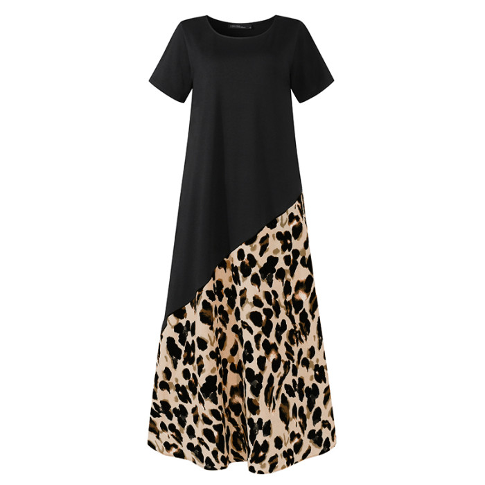 Fashion Leopard Printed Vest Casual Short Sleeves Maxi Dress
