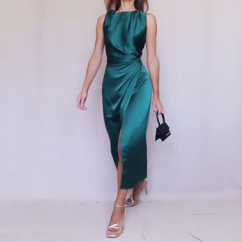 Time Solid Sleeveless Tie Slit Party Evening  Midi Dress