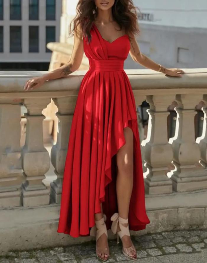 Sexy Party Wedding Sleeveless Contrasting Sequins Asymmetrical Pleated Casual Fashion Prom Dress