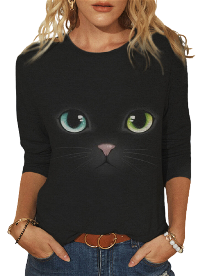 Fashion Cat Eye Print O-Neck Long Sleeves Casual Top