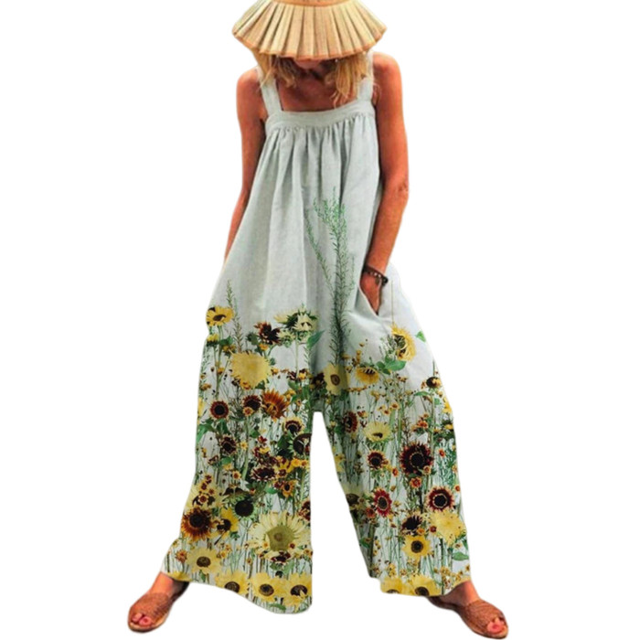 Beach Floral Print Suspender Wide Leg Pockets Romper