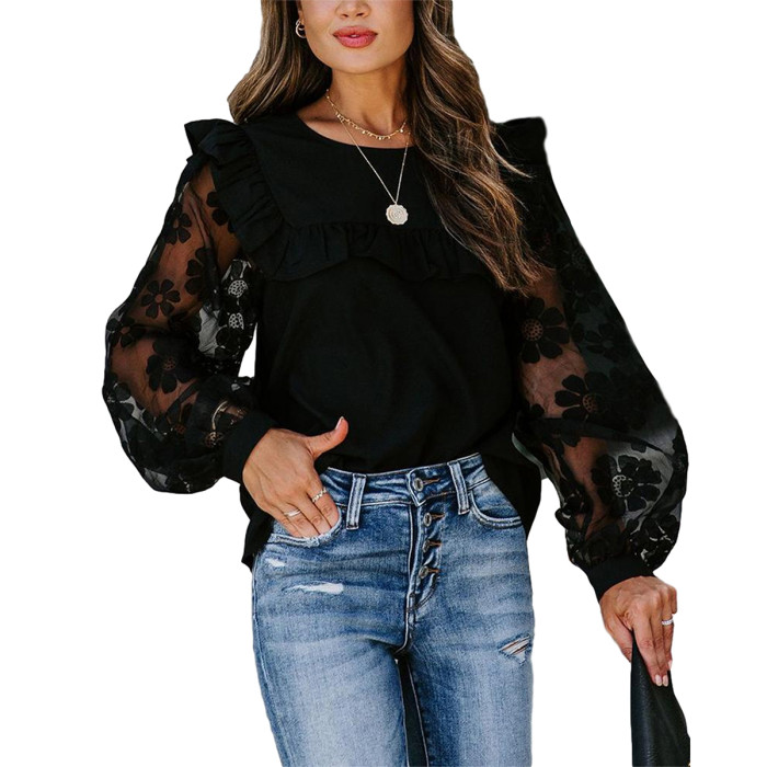 Fashion Mesh Elegant O Neck Ruffle Long Sleeve Sexy Sheer  Blouses