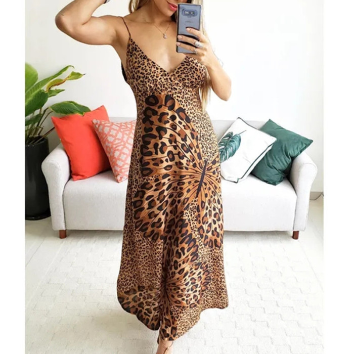 Fashion Deep V Neck Sexy Butterfly Leopard Print  Maxi Dress