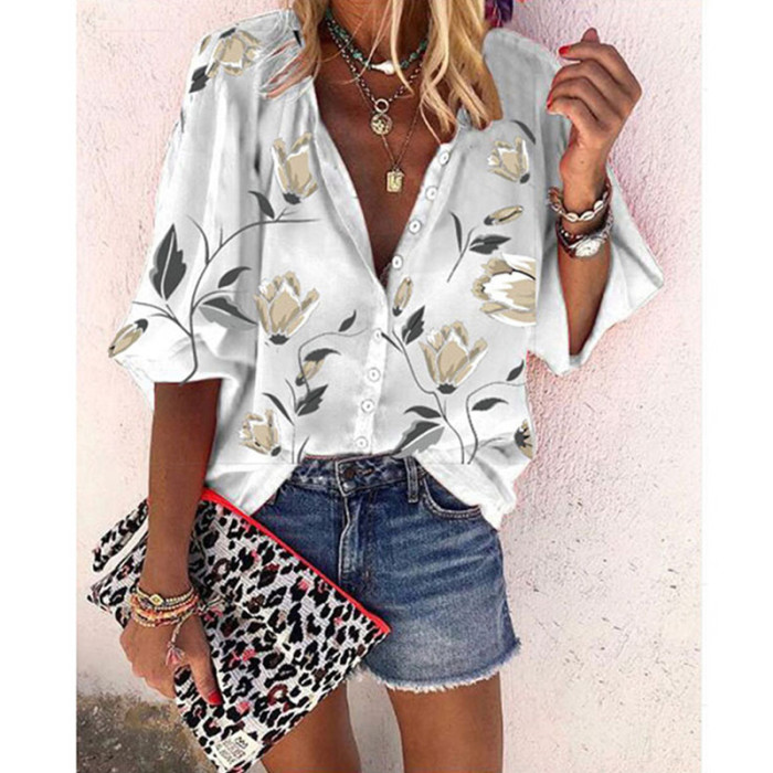 Fashion Print Bohemian Lapel Long Sleeve Loose Casual  Blouses