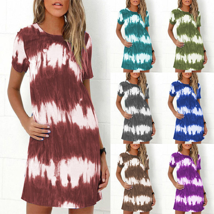 Fashion Tie Dye Print Casual Round Neck Gradient   Casual Dress