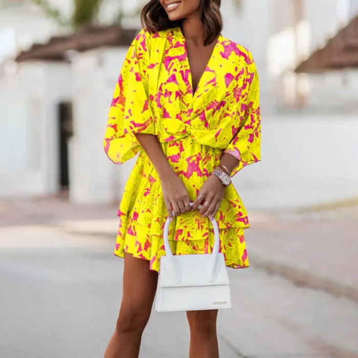Floral Print Fashion Beach Half Sleeve Loose V Neck Ruffles Mini Dress