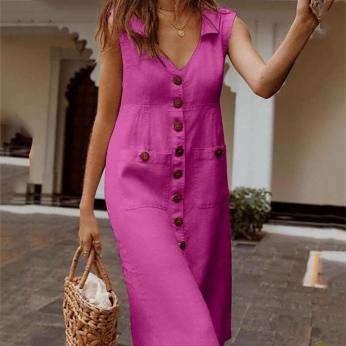 Vintage Casual Beach V Neck Solid Color High Waist Sleeveless Single-breasted Midi Dress