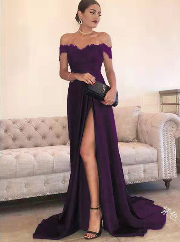 Fashion Solid A-Line Elastic Lace Applique Off Shoulder Sexy Slit Party Prom Dress