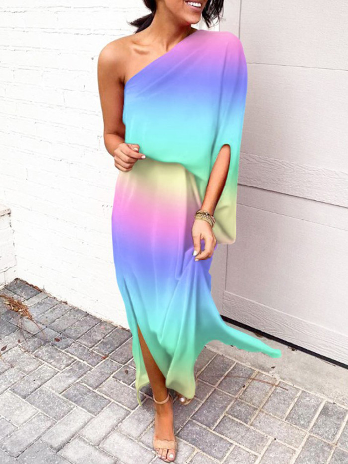 Bohemian Fashion One-Shoulder Slit Print  Maxi Dress