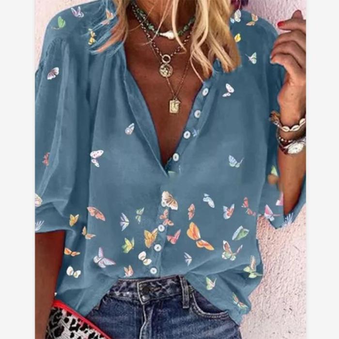 Fashion Butterfly Print Button V Neck Long Sleeves Casual  Blouses & Shirts