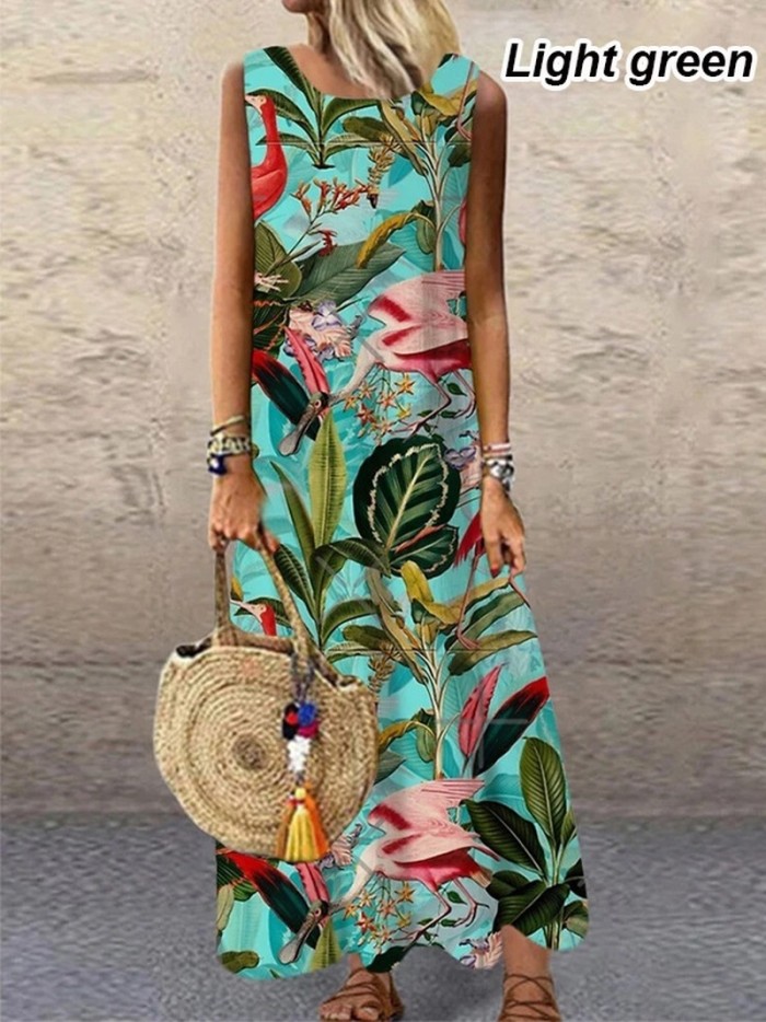 Women Elegant Floral Sleeveless Knee Length Casual Beach Dress