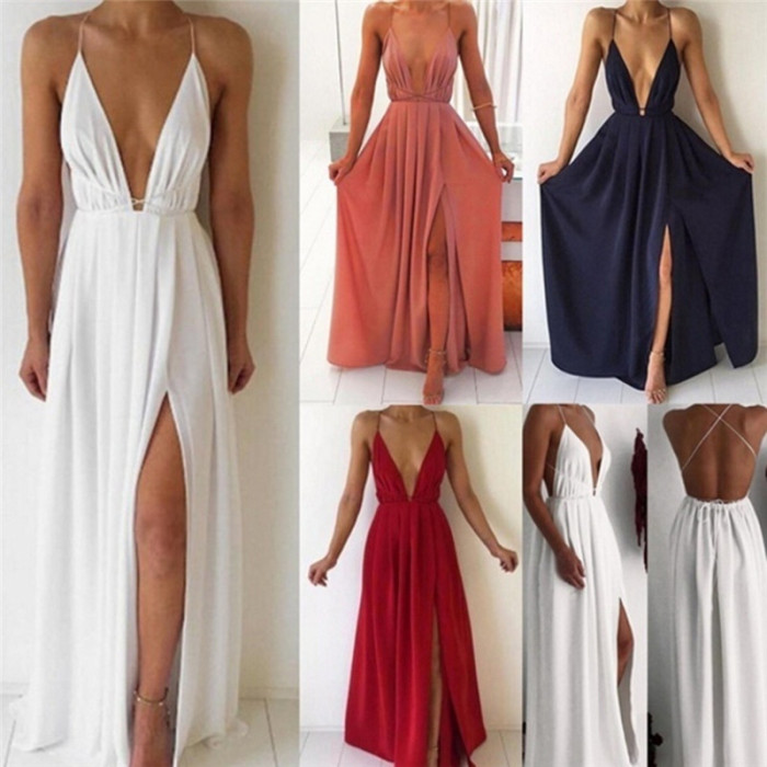 Sexy Sleeveless Backless Boho Party Slit  Maxi Dress