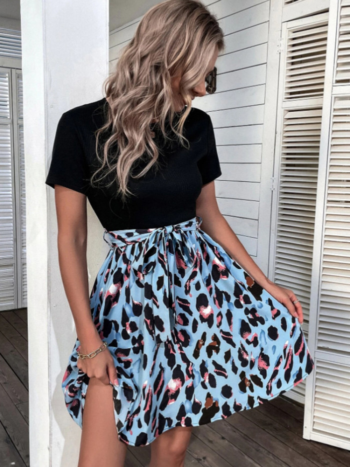 Fashion Elegant Short Sleeve Stitching Casual O-Neck Leopard Print Slim Mini Dress