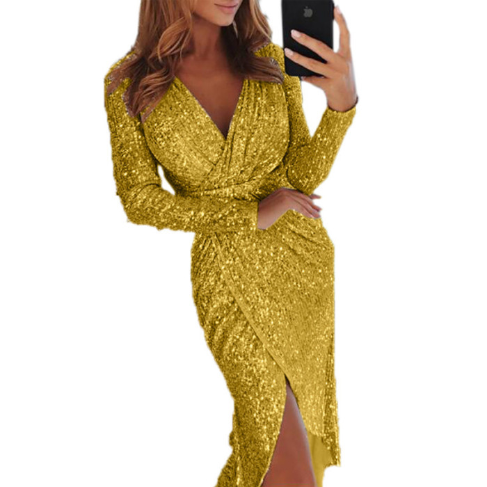 Sequined Party V Neck Long Sleeve Dress