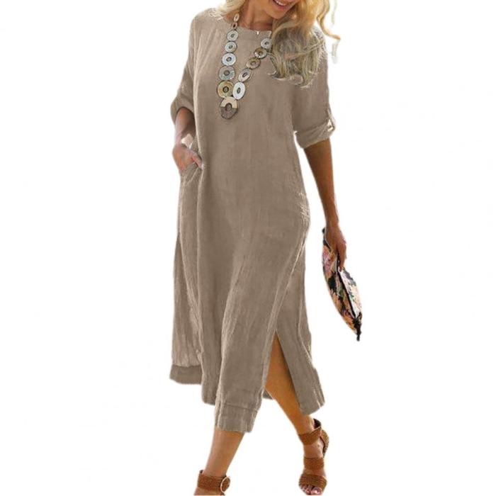 Fashion O-neck Sexy Solid Color Loose  Midi Dress