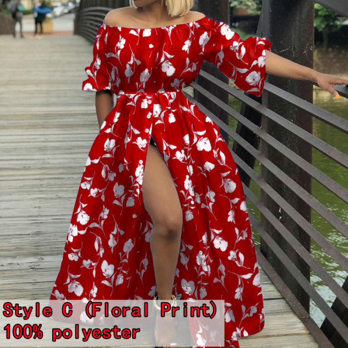 Women Sexy Off Shoulder Fashion Lantern Sleeve Buttons Maxi Dress