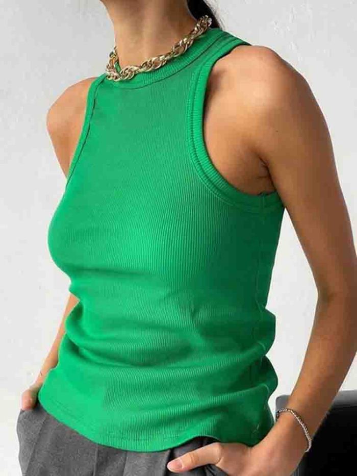 Tank Top Solid Color Casual Tank Top Sleeveless Rib Knit Blouses & Shirts