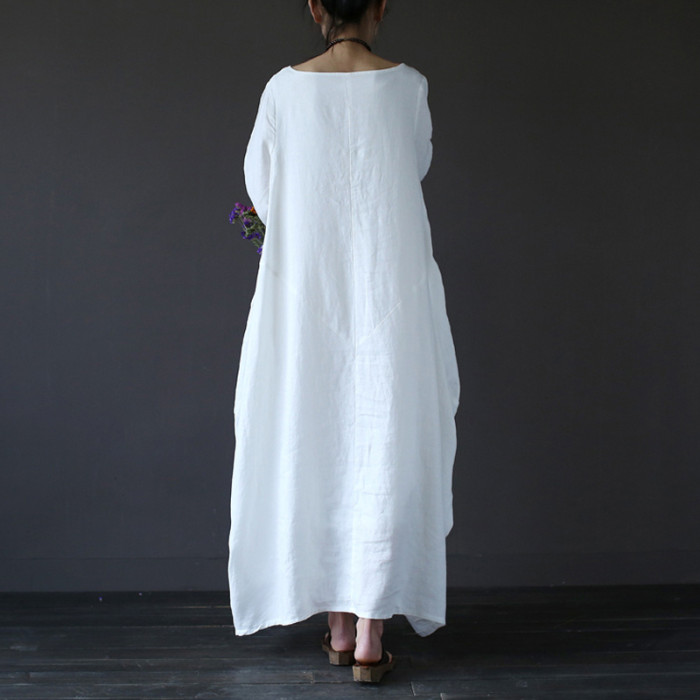 Retro Fashion Solid Color Long Sleeve Loose Cotton Linen Casual Maxi Dress