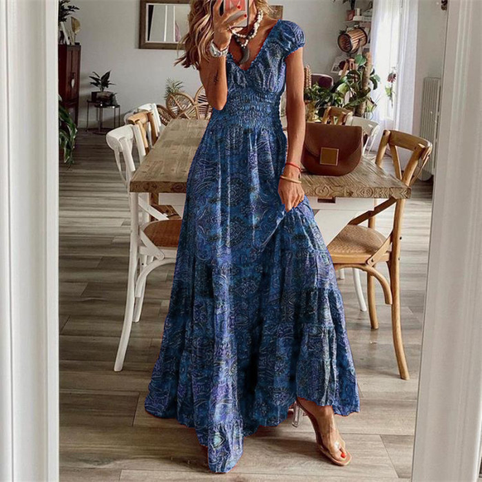 Women Loose Floral Vintage Ruffles  Floral Party Elegant Maxi Dresses