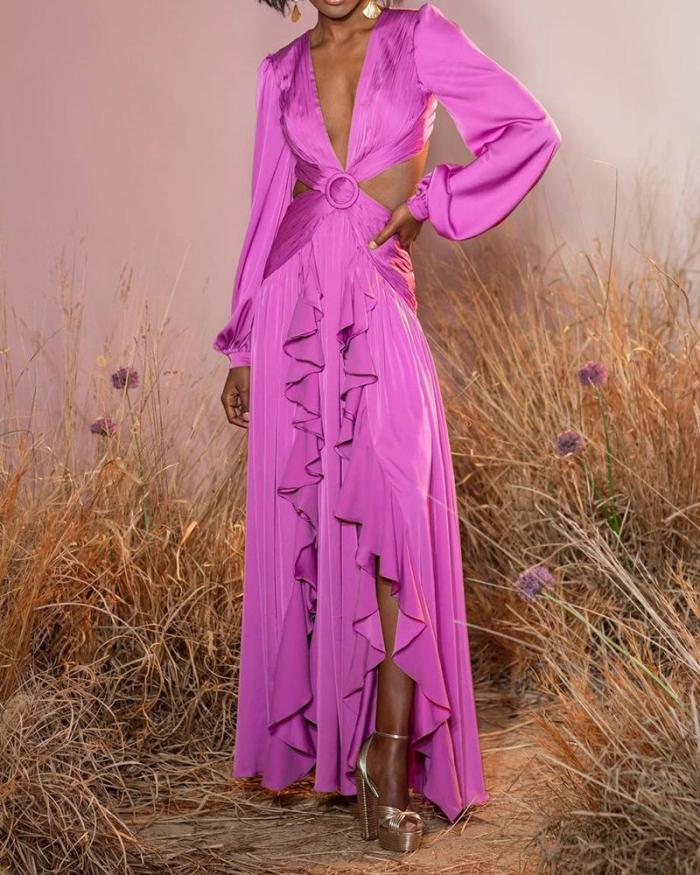 Fashion Solid Color High Waist V Neck Pleated Ruffle  Maxi Dress
