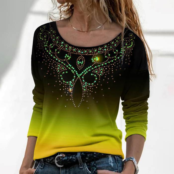 Round Neck Retro Print Casual Long Sleeve Loose T-Shirt