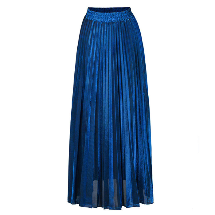 Fashion Solid Color Metallic Pleated High Waist Harajuku Swing Skirts