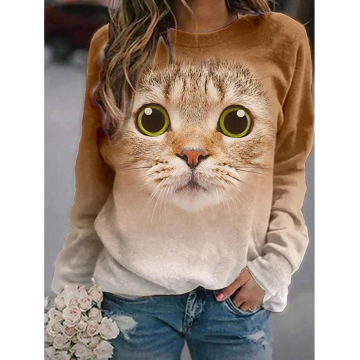 Fashion Loose 3D Printing Casual O Neck Vintage Top Long Sleeve T-Shirts
