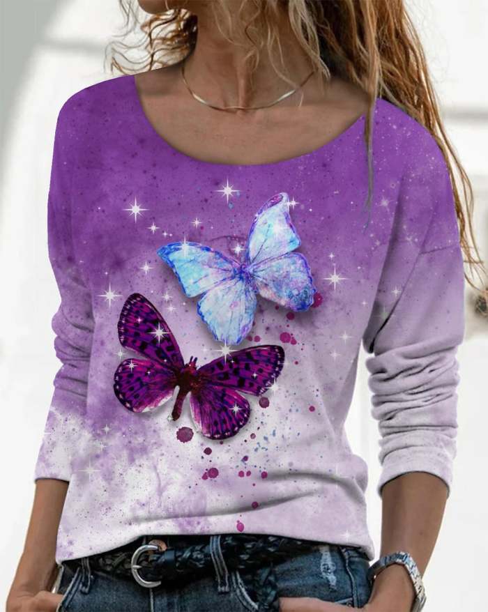 Fashion Butterfly Printing Long Sleeve  Round Neck Loose Casual T-shirt