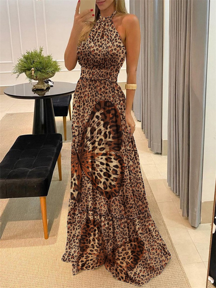 Trendy Leopard Print Boho Long Sleeve Crew Neck Tassel Vacation Maxi Dress