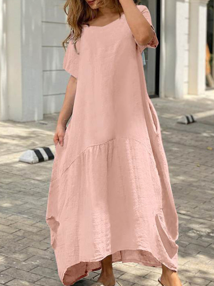 Fashion Cotton Linen Pocket Casual Short Sleeve O Neck Loose Dress