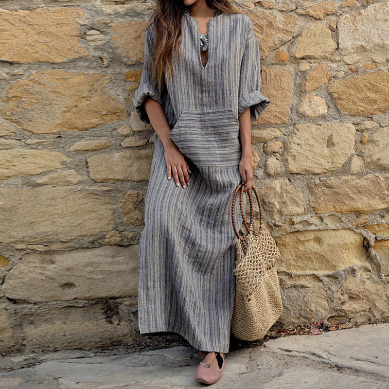 Trendy Cotton Linen Long Sleeve Striped Boho  Maxi Dress