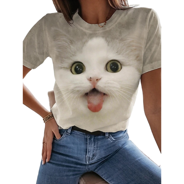 Fashion Ladies 3D Cat Print Top Harajuku O Neck Short Sleeve T-Shirt