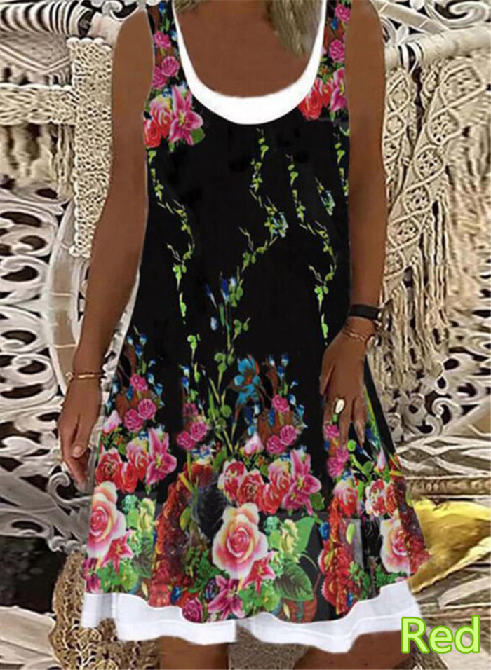 Women's Sleeveless Floral Print Round Neck Casual Classic Knee-Length Dress
