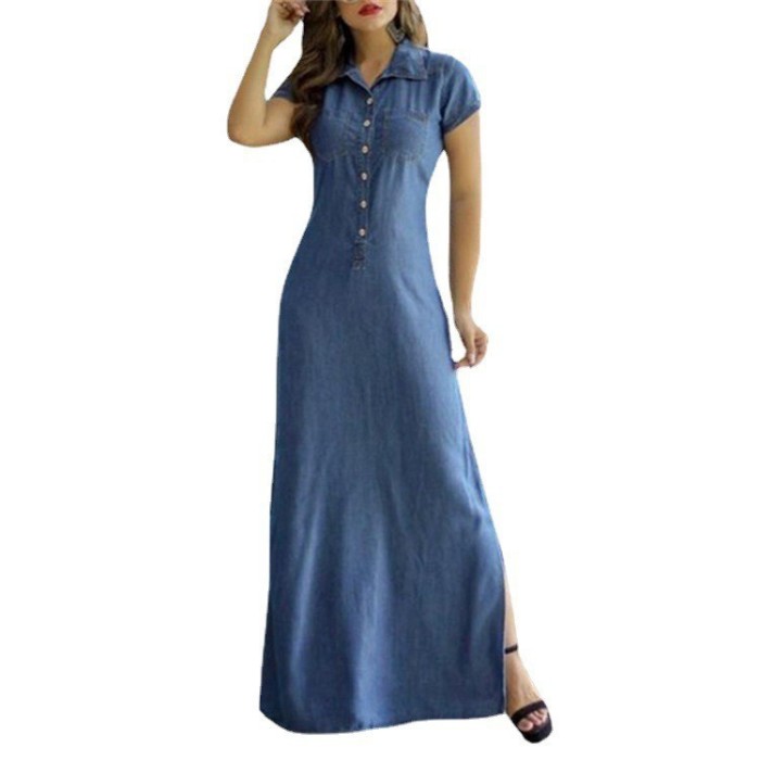 Loose Denim Vintage Button Pocket Party Elegant  Maxi Dress