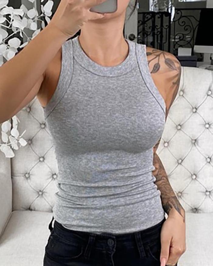 Fashionable Solid Color Crew Neck Ribbed Elastic O-Neck Camisole Top