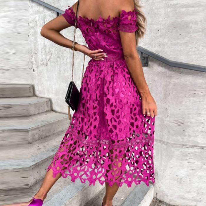 Fashion Solid Color Elegant Backless Party Sexy Lace Cutout  Midi Dress